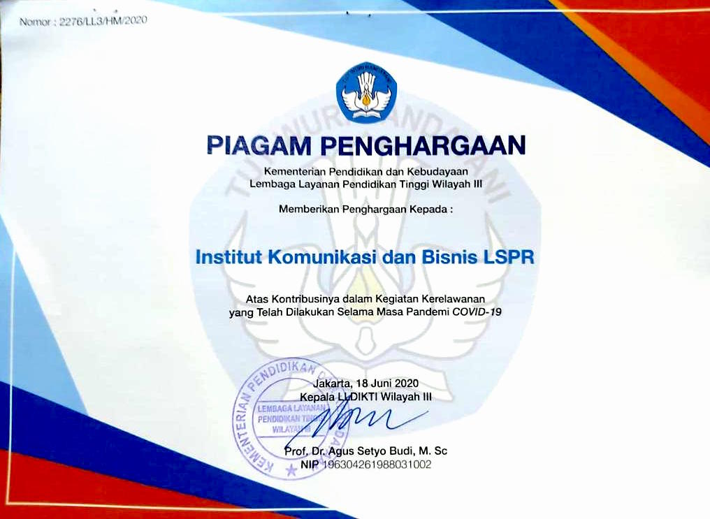 IKB LSPR – Penghargaan DIKTI Kontribusi Kegiatan Kerelawanan Selama COVID 19